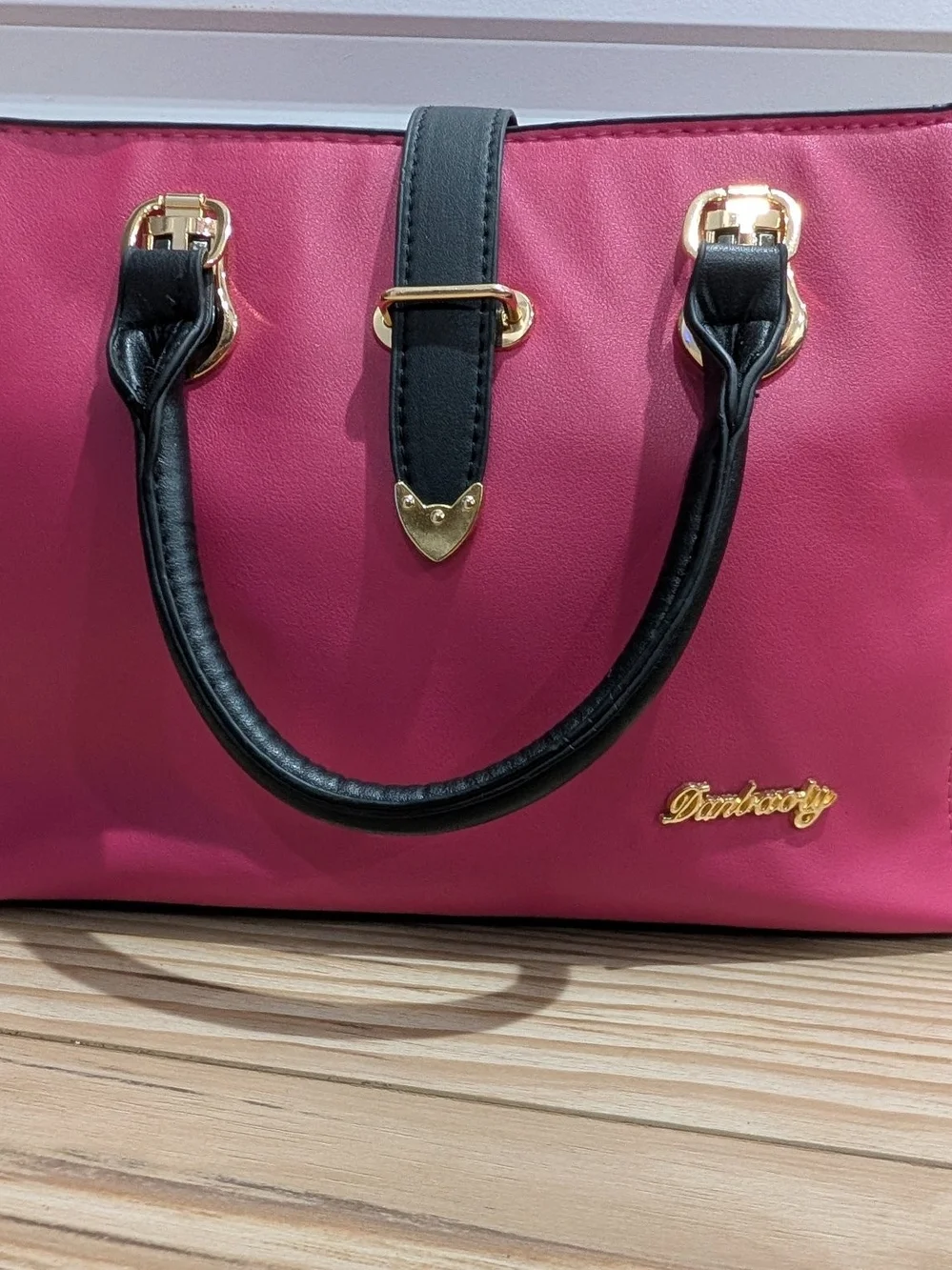 Structured Pink and Black Satchel‎ with Gold Accents
